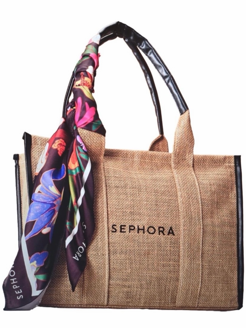 NWT Sephora Limited Edition Jute Tote with Black Handles and Floral Scarf